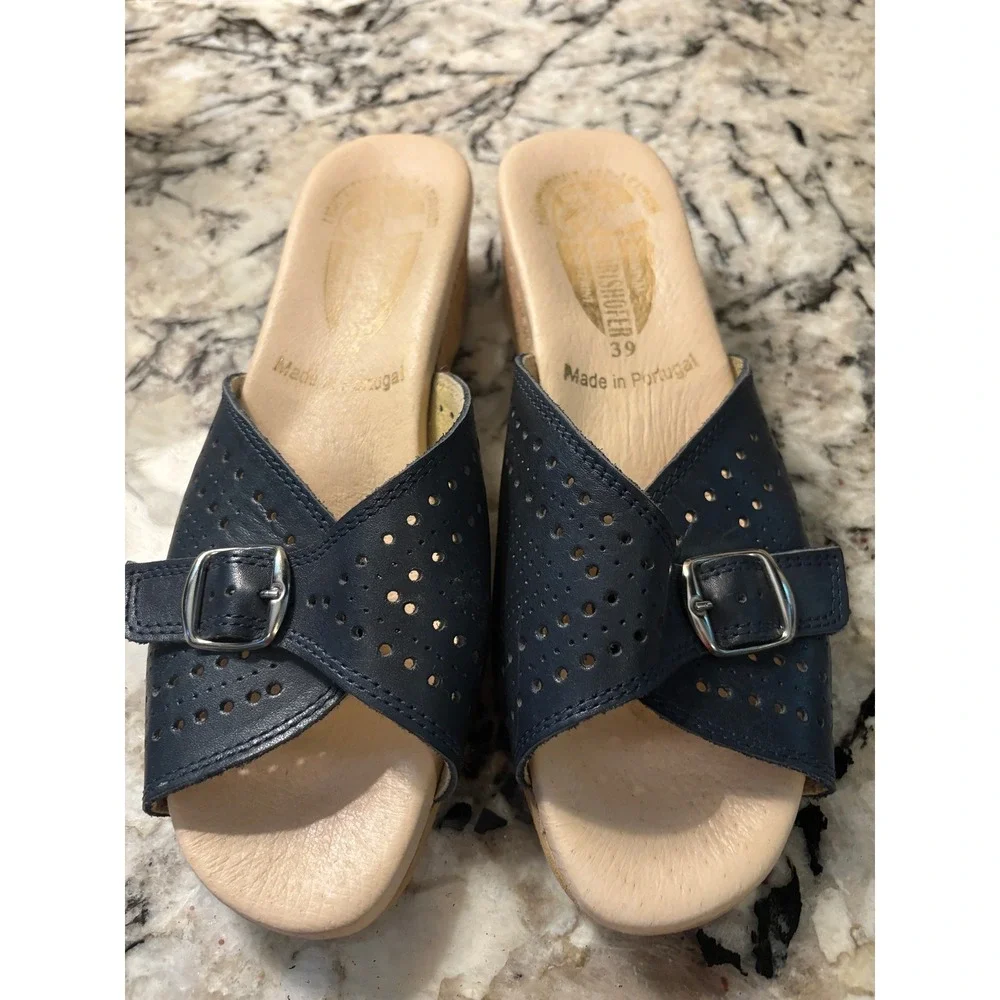 Werishofer Sandals US 8 Navy Leather Cork Wedge Comfort Boho Grandmacore